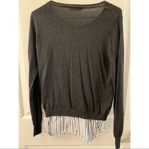 Gray Sweater with White Striped Blouse Underneath